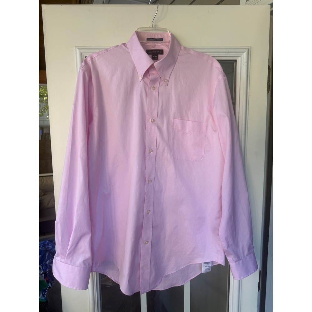 Land's End Men's No Iron Pinpoint Oxford 16-35 pink solid Button Up interview